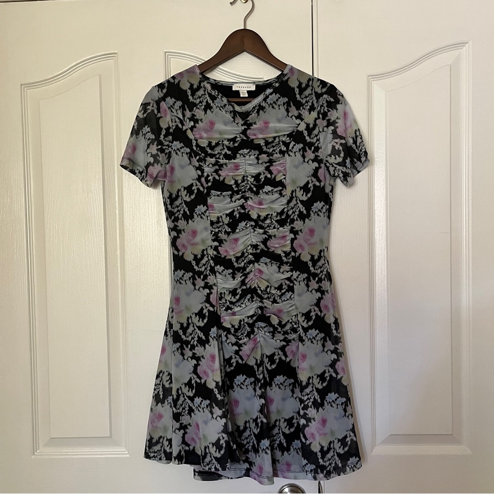 Topshop Floral Mini Dress in Black and Pink